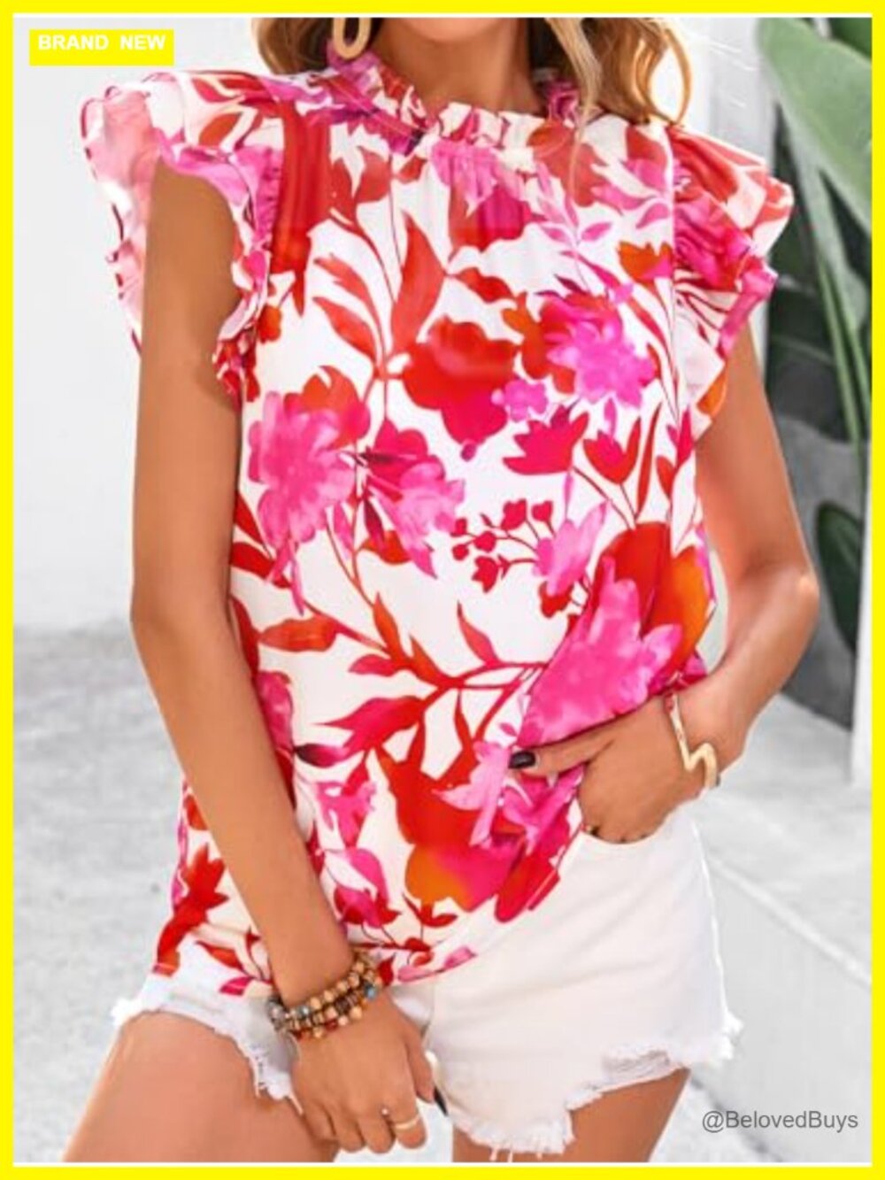 Ruffle Short Sleeve Summer Top Floral Trim Chiffon Boho Blouse - Picture 2 of 6